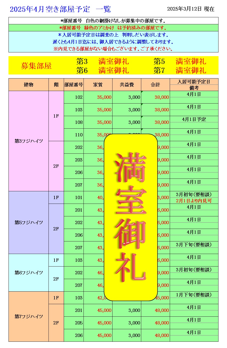 空き部屋予定